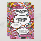 Modern Fun Pink Girly Comic Book Graduation Party Kaart (Voorkant / Achterkant)