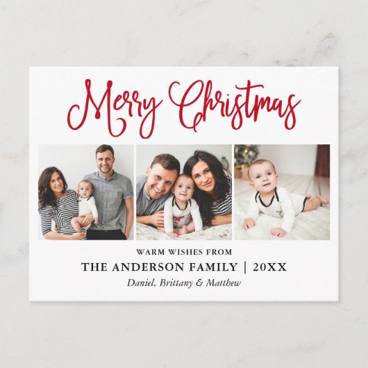 Modern Fun Red Calligraphy Kerstmis 3 Foto's Briefkaart (Voorkant)