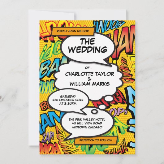 Modern Fun Typographic Comic Book Wedding Kaart (Voorkant)