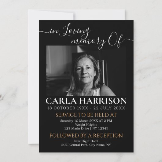 Modern Funeral Black and white Invitation Kaart (Voorkant)