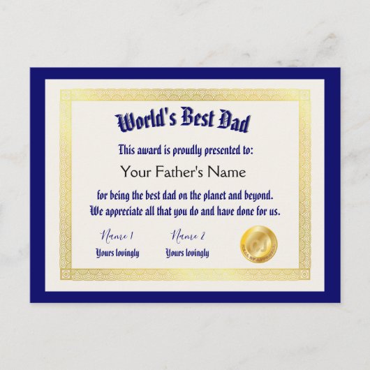 Modern Funny World's Best Pap Certificate Briefkaart (Voorkant)