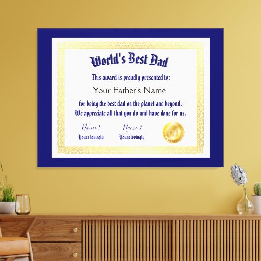 Modern Funny World's Best Pap Certificate Canvas Afdruk (Insitu (Woonkamer))