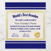 Modern Funny World's beste opa-certificaat Wijn Etiket (Enkel label)