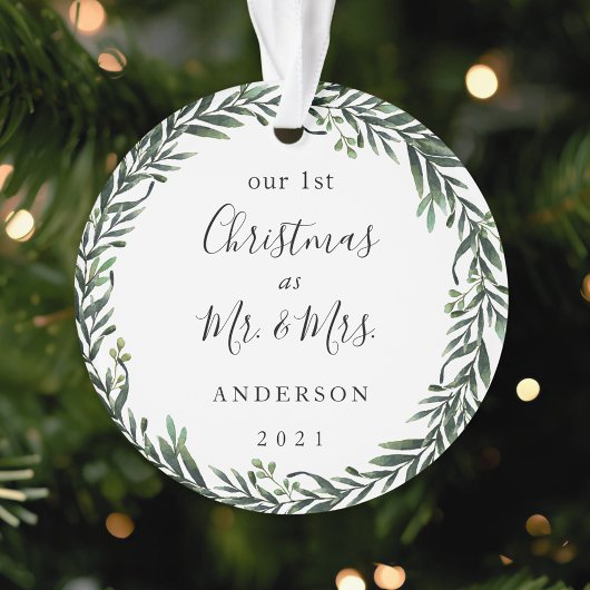 Modern gebladerte krans eerste kerst als Mr. Mrs. Ornament