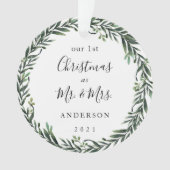 Modern gebladerte krans eerste kerst als Mr. Mrs. Ornament (voorkant)