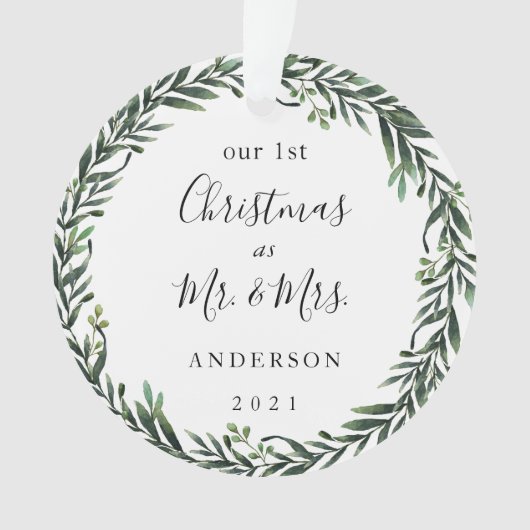 Modern gebladerte krans eerste kerst als Mr. Mrs. Ornament (voorkant)