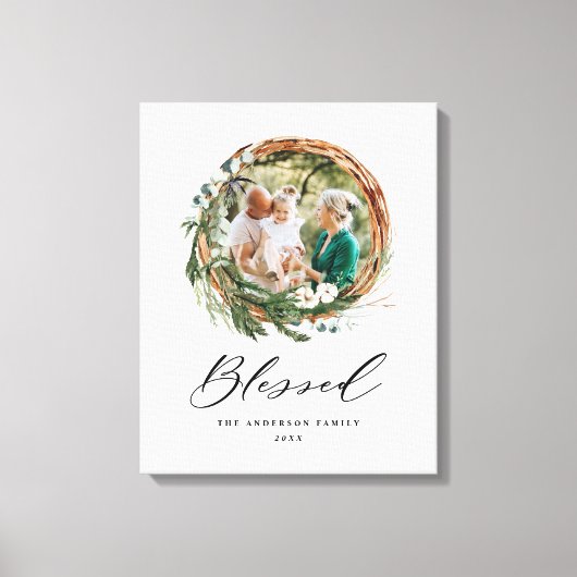 Modern gebladerte krans stijlvol gezegend script canvas afdruk (Voorkant)