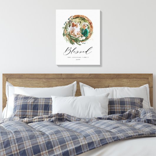 Modern gebladerte krans stijlvol gezegend script canvas afdruk (Insitu (Slaapkamer))
