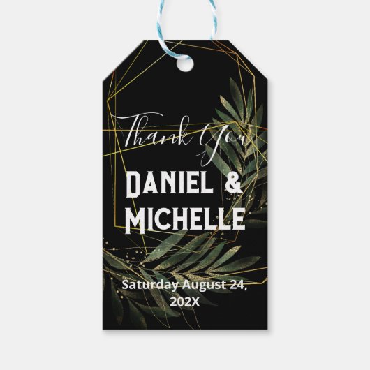 Modern gebogen zwart goud bruiloft botanische them cadeaulabel (Voorkant)