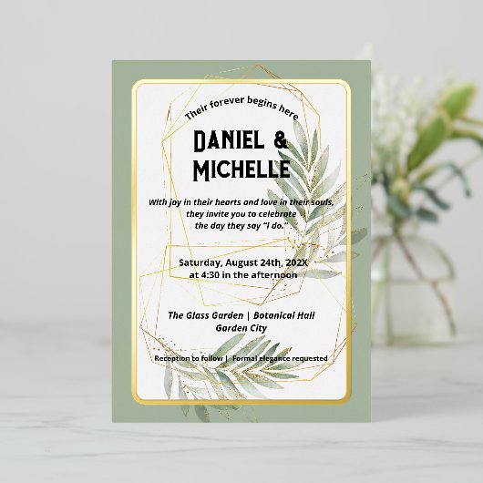 Modern gebogen zwart goud bruiloft botanische them folie uitnodiging (Staand Voorkant)