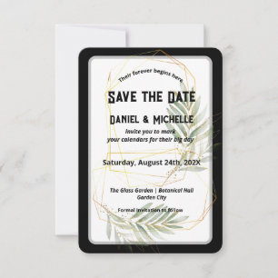 Modern gebogen zwart goud bruiloft botanische them save the date