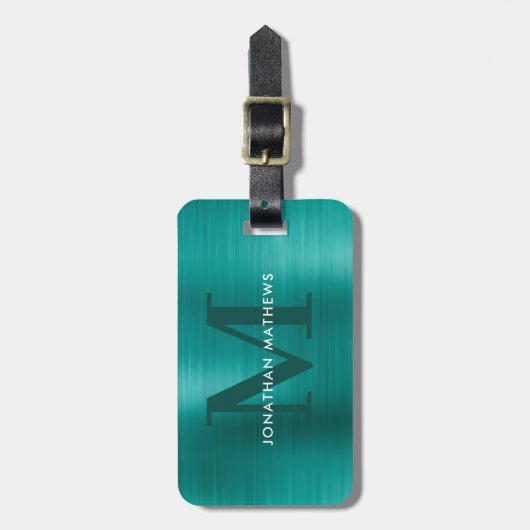Modern geborsteld metaal Blauwgroen monogram Bagagelabel (Voorkant verticaal)