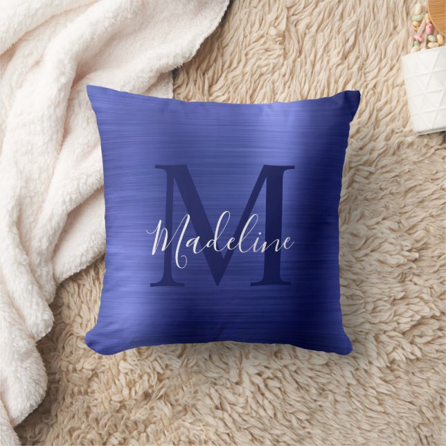 Modern geborsteld Metallic Blue Script Monogram Kussen (Deken)