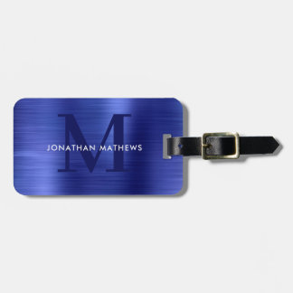 Modern geborsteld metallisch blauw monogram bagagelabel