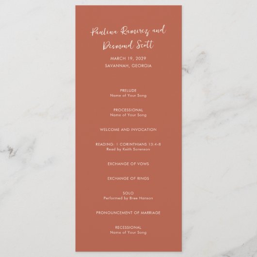 Modern gebrand Sinaasappel Eenvoudige bruiloft Programma (Voorkant)