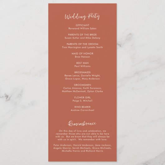 Modern gebrand Sinaasappel Eenvoudige bruiloft Programma (Achterkant)