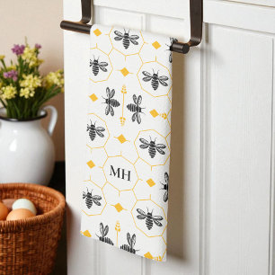 Modern Geel Bij Patroon Zwart Elegant Monogram Theedoek