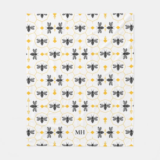 Modern geel bijenpatroon Elegant zwart monogram Fleece Deken (Voorkant)