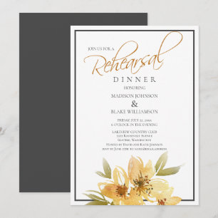 Modern geel en grijs bruiloft repetitie diner kaart