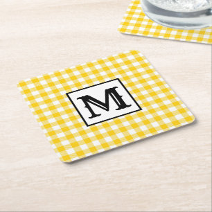 Modern geel geplakt monogram vierkante kartonnen onderzetter