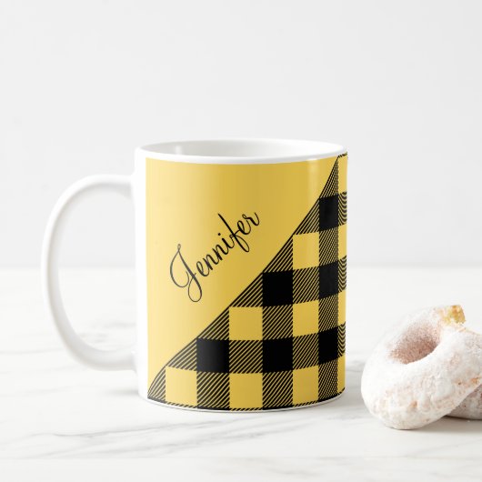 Modern geel geruite check patroonnaam koffiemok (Met donut)