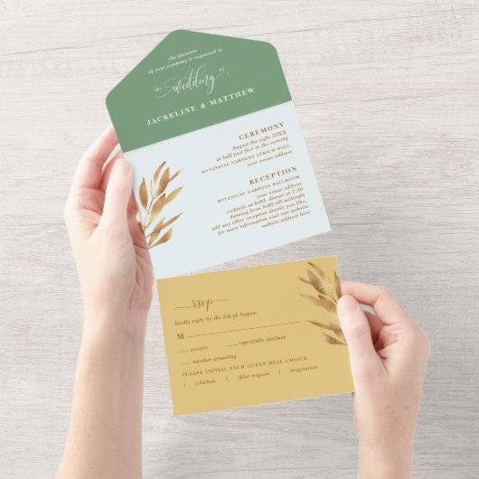 Modern Geel Grijs Huwelijk met Geperforeerde RSVP All In One Uitnodiging (Afscheurbaar)