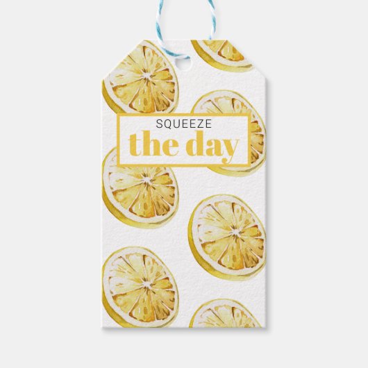 Modern geel lemonpatroon en knijp de dag in cadeaulabel (Voorkant)