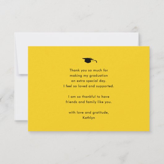 Modern geel zwart Script-minimalistisch Afstuderen Bedankkaart (Achterkant)