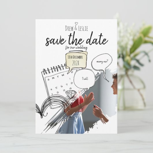 Modern geïllustreerd liefdesverhaal Minimal Courth Save The Date (Staand voorkant)