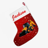 Modern gele Lader Tractor op rood Grote Kerstsok (Achterkant (Hangend))