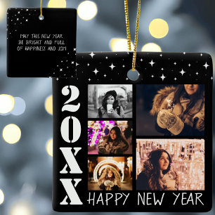 Modern Gelukkig Nieuwjaar 2026 5 Fotocollage Keramisch Ornament