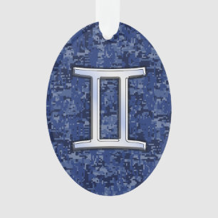 Modern Gemini Zodiac Sign Navy Blue Digital Camo Ornament