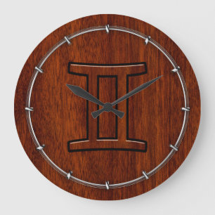 Modern Gemini Zodiac Symbool op Mahogany als gedru Grote Klok