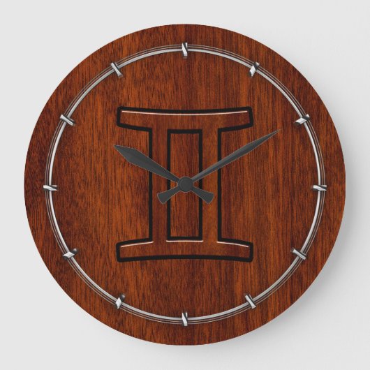 Modern Gemini Zodiac Symbool op Mahogany als gedru Grote Klok (Voorkant)