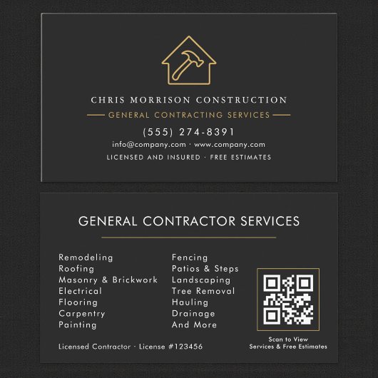 Modern General Contractor Black Gold QR Code Visitekaartje
