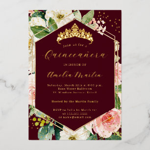 Modern Geo Bourgondië Blush Bloemen Quinceanera Folie Uitnodiging
