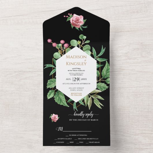 Modern Geometric Black Floral Wedding All In One Uitnodiging (Binnen)
