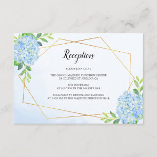 Modern Geometric Blue Hydrangea Wedding Reception Informatiekaartje