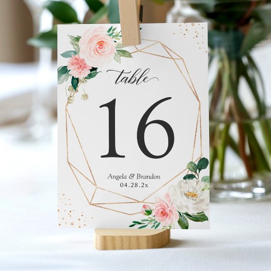 Modern Geometric Blush Floral Wedding Table Number Kaart