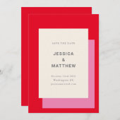 Modern Geometric Bold Pink Red Wedding Save The Date (Voorkant / Achterkant)
