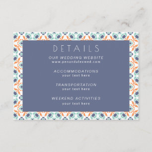 Modern Geometric Botanical Blue Oranje Wedding Informatiekaartje