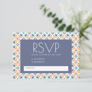 Modern Geometric Botanical Blue Oranje Wedding RSVP Kaartje