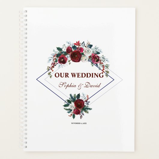 Modern Geometric Burgundy Navy Blue Floral Wedding Planner (Voorkant)