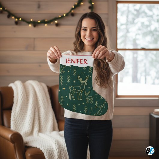 Modern Geometric Deer-Forest Green & Gold Minima Grote Kerstsok