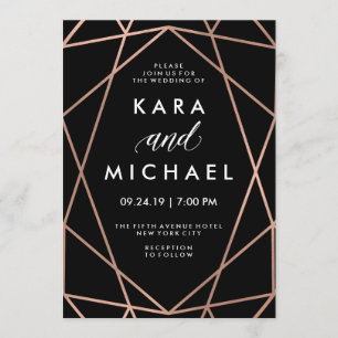 Modern Geometric Faux Roos Gold op Black Wedding Kaart