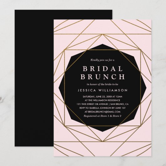 Modern Geometric Gold, Blush & Black Bridal Brunch Kaart (Voorkant / Achterkant)