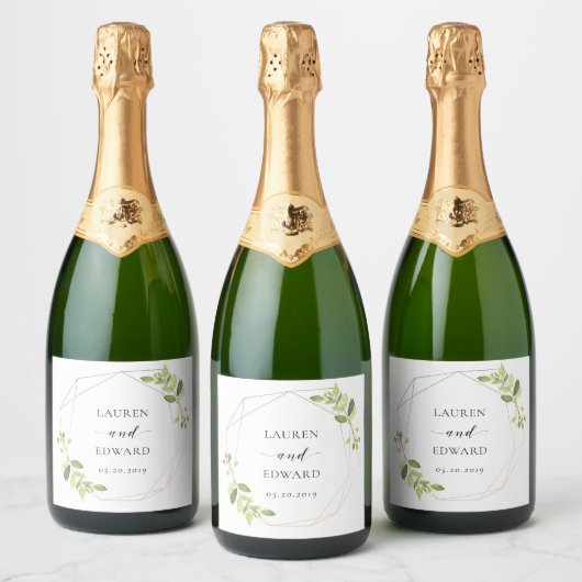 Modern Geometric Greenery Personalized Wedding Sparkling Wijnetiket (Flessen)