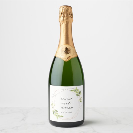 Modern Geometric Greenery Personalized Wedding Sparkling Wijnetiket (Voorkant)