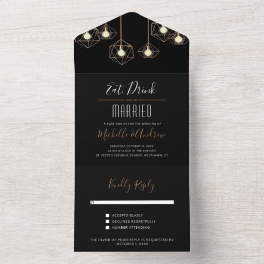 Modern Geometric Lights Black Wedding All In One Uitnodiging (Binnen)