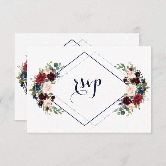 Modern Geometric Merlot Navy Blue Floral Wedding RSVP Kaartje (Voorkant / Achterkant)